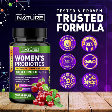Built Nature Probiotics For Women - 60 Billion Cfus, 16 Strains, With Cranberry, D-Mannose & Prebiotics - Supports Digestive, Immune, & Vaginal Health - Non-Gmo, Dairy & Gluten-Free - 120 Veggie Capsules