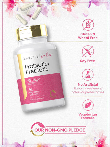 Carlyle Prebiotic & Probiotic for Her | 50 Billion Active Organisms Per Serving | 50 Capsules | Vegetarian Supplement for Women