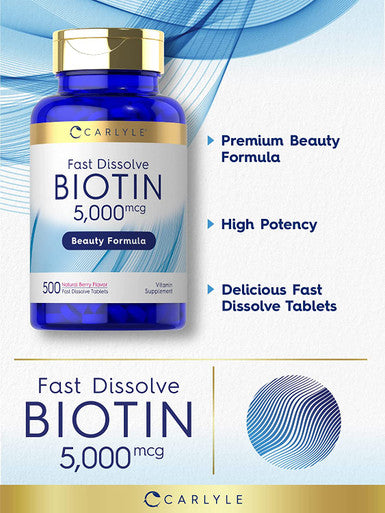 Carlyle Biotin 5000Mcg | 500 Fast Dissolve Tablets | Vegetarian, Non-Gmo, Gluten Free Supplement