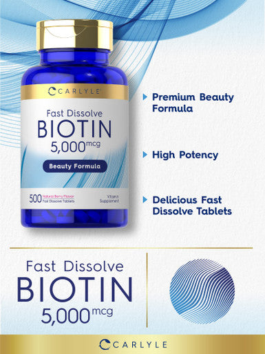 Carlyle Biotin 5000Mcg | 500 Fast Dissolve Tablets | Vegetarian, Non-Gmo, Gluten Free Supplement