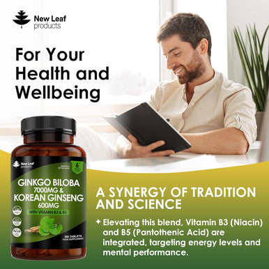 Ginkgo Biloba And Korean Ginseng Tablets 7000Mg Ginkgo Biloba Herbal Supplements & 600Mg Panax Ginseng High Strength Ginseng Extract Enriched With Vitamin B3 and B5 360 Vegan Tablets