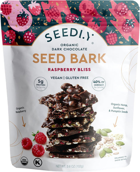 SEEDLY Organic 70% Dark Chocolate Snacking Bark with 20g Protein 50% less sugar Raspberry Bliss Keto Vegan Snacks Gluten Low Carb Paleo NonGMO SteviaFree No Weird Additives 3.6oz (Pack of 3)