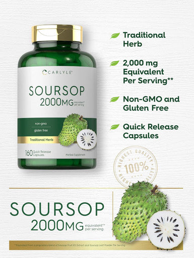 Carlyle Soursop Leaves 2000mg 160 Capsules Traditional Herb Non GMO Gluten Supplement