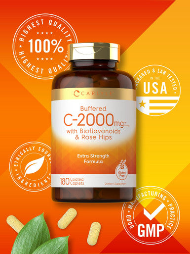 Carlyle Buffered Vitamin C | 2000Mg | 180 Caplets | With Bioflavonoids And Rose Hips | Vegetarian, Non-Gmo, And Gluten Free Suppl