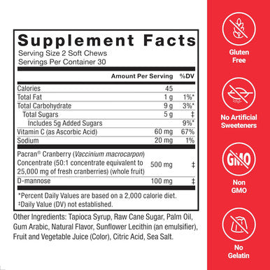 Force Factor Cranberry Soft Chews Cranberry Supplement with D Mannose and Cranberry Extract to Support Bladder and Urinary Tract Health for Women Vegan Sweet Cranberry Flavor 60 Soft Chews