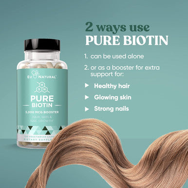 Eu Natural Biotin 5000 mcg Hair Skin Nails Supplement High-Potency Hair Growth Vitamins for Women & Men Provide Powerful Support for Healthy Hair Stronger Nails and Glowing Skin 120 Vegan Soft Capsules