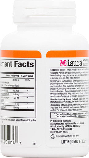 Natural Factors BetaCareAll 25000 IU Antioxidant Support for Healthy Skin Vision and Immune Function 90 softgels 90 servings