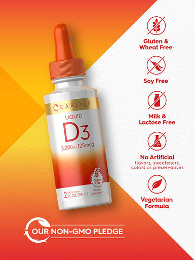 Carlyle Liquid Vitamin D3 5000 IU (125 mcg) 2 oz Vegetarian, Non-GMO, and Gluten Free Supplement Vitamin D Liquid Drops for Adults