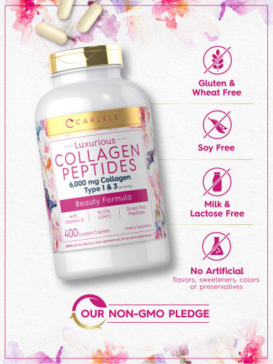 Carlyle Collagen Peptides 6000Mg | 400 Caplets | With Vitamin C | Type 1 And 3 | Non-Gmo, Gluten Free, Grass Fed Supplement