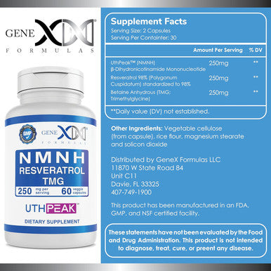 Genex Formulas 250Mg Nmnh + Resveratrol + Tmg (60 Capsules - 30 Servings) Nmnh (Dihydronicotinamide Mononucleotide) + 98% Resveratrol + Tmg For Healthy Aging - Non-Gmo, Gluten-Free, Vegetarian