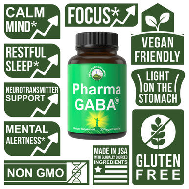 Pharma Gaba Vegan Capsules. Ultra High Purity All Natural Patented Gaba Supplement. Non-Drowsy Support For Calm Mind, Mental