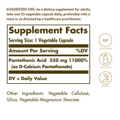 Solgar Pantothenic Acid 550 Mg 100 Vegetable Capsules - Vitamin B5 - Energy Metabolism Nervous System Support - Gluten Free Dairy Free Kosher - 100 Servings