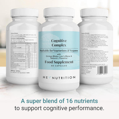 Hey Nutrition Cognitive Complex Supplement - Ginkgo Biloba Lion s Mane & Natural L-Theanine - Supports Mental Performance Memory and Psychological Function - UK Manufactured - 60 Vegan Capsules