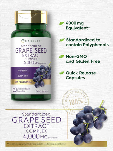 Carlyle Grape Seed Extract 4000mg | 120 Quick Release Capsules | Standardized Extract Complex with Polyphenols | Non-GMO Gluten Supplement