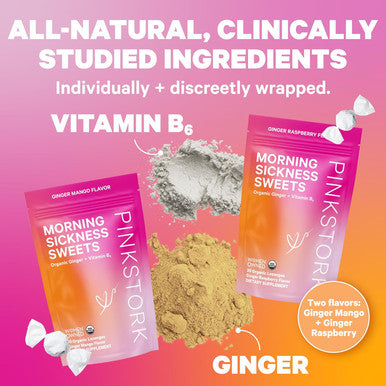 Pink Stork Morning Sickness Bundle with Organic Ginger Peach Tea and Sweets Supports Morning Sickness for Pregnant Women Digestion and Motion Sickness 1st Trimester Pregnancy Must Haves Set of 3