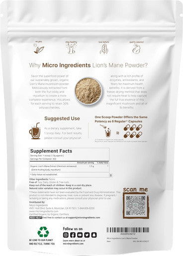 Micro Ingredients Organic Lions Mane Mushroom Supplement Powder 16 Ounce | Natural Superfood for Brain Energy & Immune Health | Non-GMO Vegan