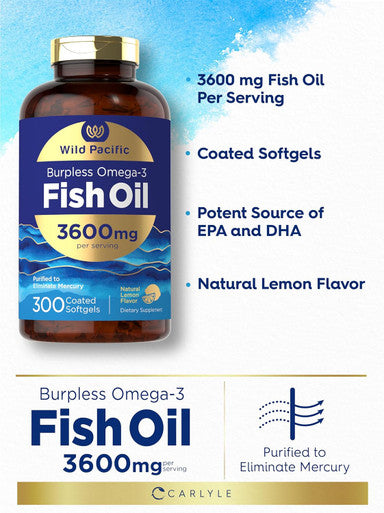 Carlyle Burpless Fish Oil 3600 mg | 300 Softgels | with Omega-3 Fatty Acids | Lemon Flavor | Non-GMO Gluten Supplement | by Wild Pacific
