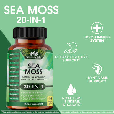 NaturaLife Labs Sea Moss 6000Mg - Black Seed Oil 2500Mg - Bladderwrack 2000Mg - Turmeric 1500Mg Ashwagandha 1000Mg - Burdock 1000Mg - Vitamin C D3, Yellow Dock Root Manuka Dandelion - 90 Veggie Caps