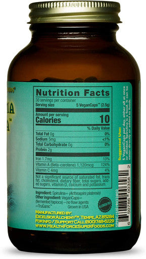 HealthForce SuperFoods Spirulina Manna - 150 VeganCaps - Certified Spirulina, Superfood - Plant-Based Protein - Rich Source of Vitamin A - Non-GMO, Gluten Free - 30 Servings