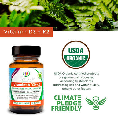 Life Infused Vitamin D3 + K2 Supercharged With Zinc And Enzymes, Help Maintain Healthy Immune System, Bone Health, Emotional Wellbeing, 90 Capsules.