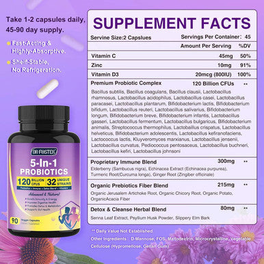 Probiotics For Women & Men Digestive Health 120 Billion Cfus, Prebiotics And Probiotics For Gut Health, D3, Zinc & Immune Support Herbs, Detox Cleanse, 45 Day - 3 Month Supply