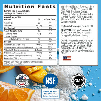 CON-CRET Creatine HCl + Hydration | Electrolyte Powder Tub | Citrus Mango | Sugar Free Electrolytes | Rehydration Formula w Potassium Sodium Zinc Magnesium to Hydrate & Recover (40 serv)