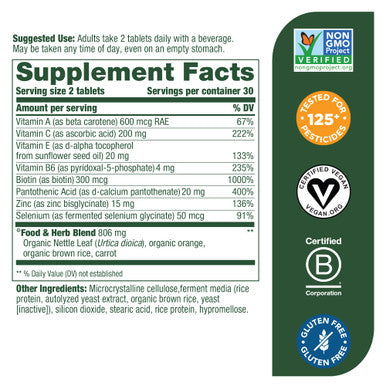 MegaFood Skin Nails & Hair 2 - Multivitamin For Women & Men With Vitamin C Vitamin E Biotin Zinc & More - Gluten Free Vegan & Made Without Dairy & Soy - 60 Tabs (30 Servings)