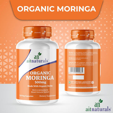 Aitnaturals Organic Moringa - 500 mg (120 Capsules) Rich Antioxidant formula Support Joint & Bone Health Boost Immunity & Digestion Promote Better Sleep Eye Skin & Hair Health Mobility | Non-GMO