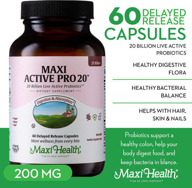 Maxi Health Probiotics for Digestive Health and Gut 15 Strains 20 Billion CFU Active Organisms - Probiotics for Men and Women with Lactobacillus Rhamnosus Daily Probiotic for Digestive Support 60 Capsules