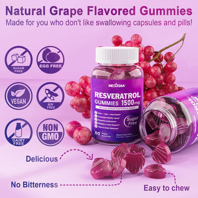 Resveratrol Gummies 1500Mg - Sugar Resveratrol Supplement With Quercetin, Grape Seed, Acai Berries Extracts Support Antioxidant, Healthy Aging & Longevity, Skin, Joint, Brain Wellness - 2Pack
