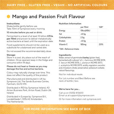 Symprove Daily Probiotic Drink Mango and Passion Fruit 10 Billion CFUs 4 Clinically Studied Strains Gut and Immune Support Water-Based Vegan Dairy and Gluten Free (Pack of 4 x 500ml)