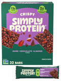 Simply Protein - Dark Chocolate Almond Crispy Bars - Plant Based Protein Bars - Low Carb, Low Sugar, High Fiber - 13g Protein, 2g Sugar, 7g Fiber - Vegan, Gluten Free, Non GMO, Kosher - 32 Bars