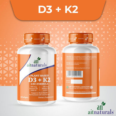 Aitnaturals Plant-Based Vitamin D3 (4000 IU) + K2 (MK7) with Organic Coconut Oil - 60 Softgels | Supports Bone Health Boosts Immune Function Enhances Muscle Strength & Optimizes Calcium Absorption