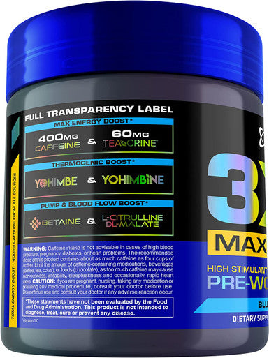 USN 3XT Max Energy Pre-Workout Supplement Powder for Energy, Endurance, and Pump, Preworkout Drink Mix, Nitric Oxide, Citrulline, Caffeine, Zero Creatine, Blue Raspberry (30 Servings)