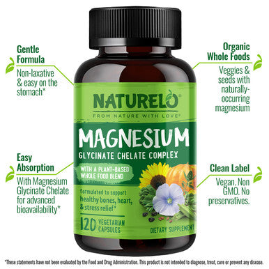 NATURELO Magnesium Glycinate Chelate Complex - 200 mg Magnesium with Organic Vegetables to Support Sleep, Calm, Muscle Cramp & Relief , Non GMO - 120 Capsules
