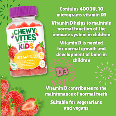 Chewy Vites Kids High Strength Vit D3 60 Kids Vitamin D Gummies 10 mcg 400 IU Vitamin D3 2 Months Supply Vegan Real Fruit Juice Age 3 + Strawberry Flavour
