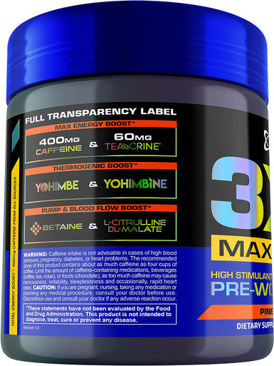USN 3XT Max Pre-Workout Supplement Powder for Energy, Endurance and Pump, Drink Mix, Nitric Oxide, Citrulline, Caffeine, Zero Creatine, Pineapple Mango, 6.4 Oz