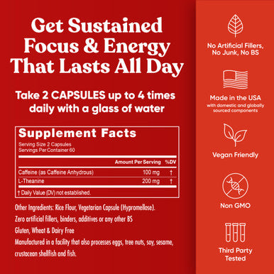 Eu Natural Elite Caffeine Pills with L-Theanine Jitter- Focused Energy Supplements Clean & Natural Nootropic Stack for Smart Cognitive Performance 120 Soft Capsules