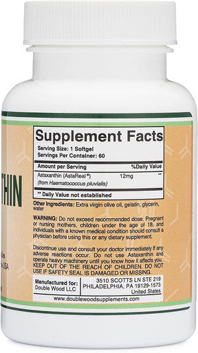 Double Wood Supplements Astaxanthin 12mg Max Strength AstaReal Natural Patented Astaxanthin with 70 Human Clinical Trials Worlds Most Studied Brand Grown Harvested and Made in The USA by