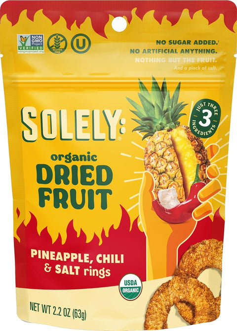 SOLELY - Organic Dried Pineapple Rings (5.5 oz Resealable Bags, Pack of 3) - Real Fresh Fruit - 1 Ingredient - Healthy Snacks for Adults & Kids - Non GMO, Vegan Snacks, Shelf Stable - 3 Bags (16.5 oz)