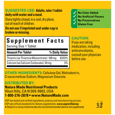 Nature Made Vitamin B1 100 Mg Dietary Supplement For Energy Metabolism Support 100 Tablets 100 Day Supply