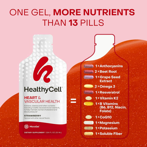 Healthycell Heart & Vascular Health Daily Liquid Supplement - Blood Pressure & Cholesterol Support With Beet Root Powder Resveratrol Coq10 Omega-3 & Vitamin K - 14 Gel Packs