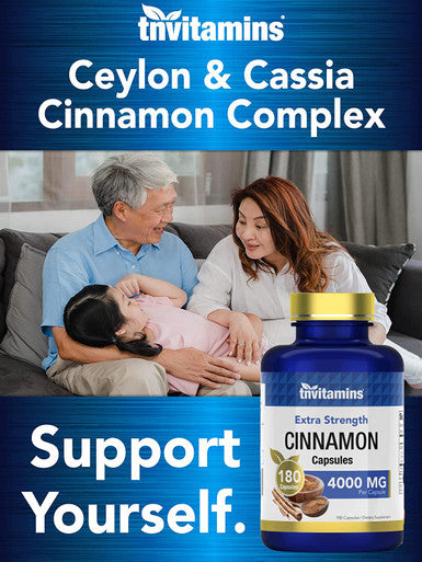 Cinnamon Capsules 4000 MG - 180 Capsules | Ceylon Cinnamon & Cassia Cinnamon Pills | Blood Sugar Support Supplement* | Extra Strength Cinnamon Bark Extract | Cinnamon Complex | by TNVitamins