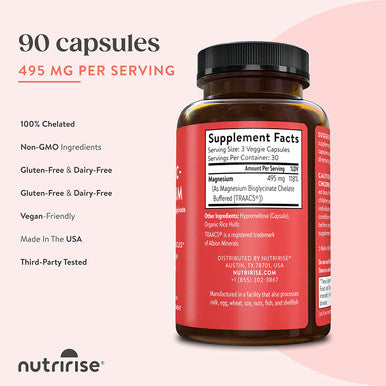NutriRise Magnesium Bisglycinate Chelate Buffered - Magic-Nesium - 90ct - 495mg, TRAACS, Max Absorption, Supports Calm, More Restful Sleep, Relaxed Muscles, Foot & Leg Cramps
