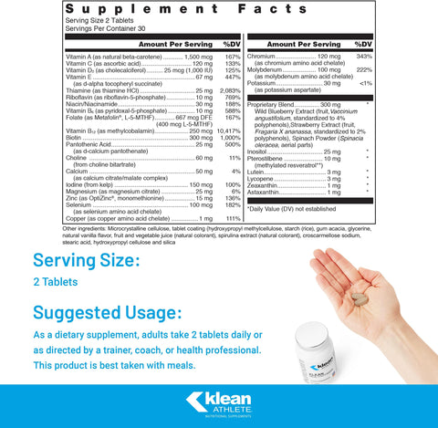 Klean Athlete Klean Multivitamin Essential Nutrients and Antioxidants for Optimal Health NSF Certified for Sport 60 Tablets