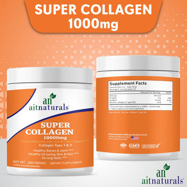Aitnaturals Collagen Peptides Powder (Unflavoured) 200g Premium Grass-Fed Type I & III Collagen for Enhanced Skin Elasticity Stronger Hair & Nails Joint Flexibility Supports Healthy Aging Non-GMO