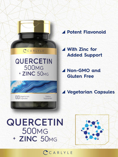 Carlyle Quercetin 500mg Capsules | with 50mg Zinc | 100 Count | Non-GMO and Gluten Supplement
