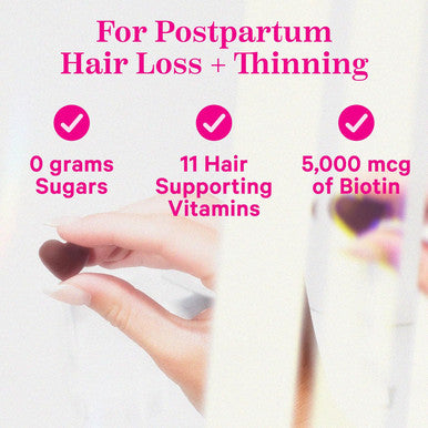 Pink Stork Postpartum Hair Loss Gummies - Biotin with Vitamin E Pantothenic Acid B6 & B12 for Beautiful & Strong Hair Skin and Nails - Postpartum Essentials for Moms - 60 Gummy Vitamins