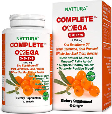 Nattura Complete Omega 3-6-7-9 Pure Sea Buckthorn Oil European Quality from Unrefined Cold Pressed Whole Sea Buckthorn Wild Berries - Non-GMO Certified Kosher Gluten- Capsules
