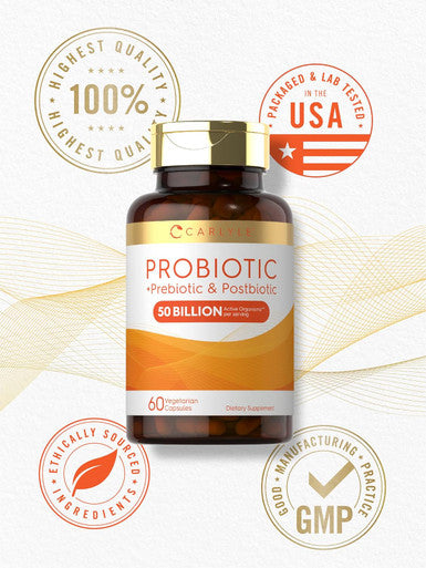 Carlyle Prebiotic Probiotic & Postbiotic | 50 Billion CFU 60 Powder Pills | 3 in 1 Supplement | Vegetarian Gluten & Non-GMO Formula